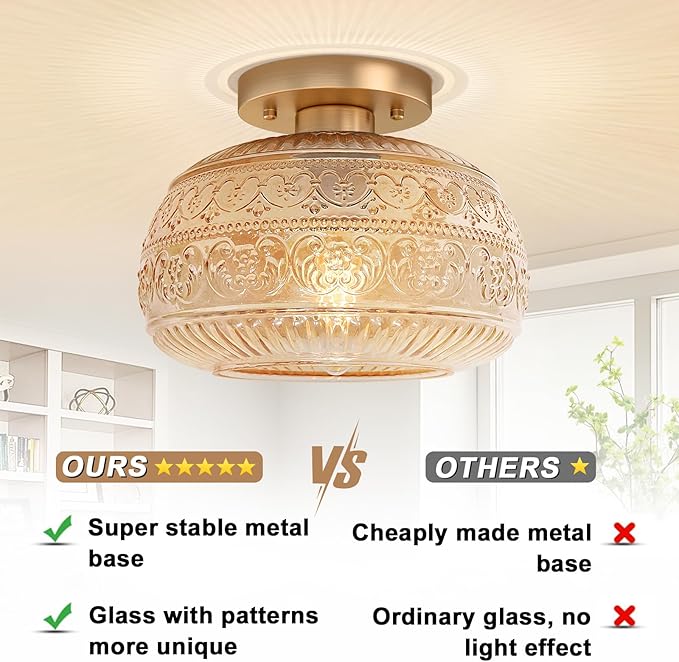 Semi Flush Mount Ceiling Light, Upgraded Modern Close to Ceiling Light Fixture with Amber Glass,Gold Indoor Kitchen Lighting for Porch Corridor Hallway Bedroom, Bulb Not Included