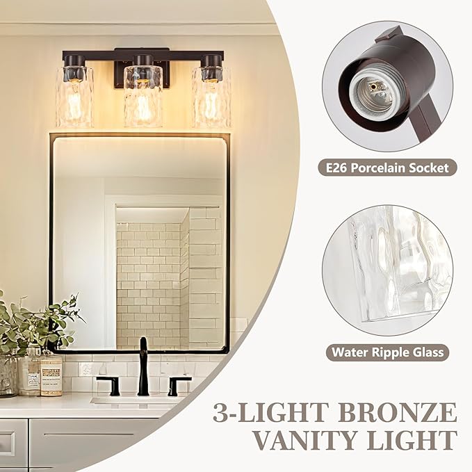 3-Light Bathroom Light Fixtures Modern Oil Rubbed Bronze Vanity Lights with Water Ripple Glass Wall Sconces Over Mirror for Bathroom, Powder Room, Living Room