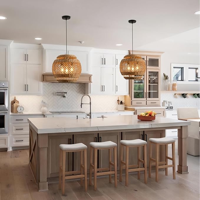 15.75" Rattan Pendant Light 3-Light Boho Seagrass Hanging Light Hand Woven Water Plants Rattan Chandelier for Dining Living Bedroom Kitchen Farmhouse