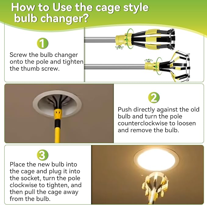 Dreyoo 4 Pieces Set Light Bulb Changer, Suction Cup and Cage Changer for Incandescent, Floodlight, Broken Bulb and Recessed Lights, Compatible with Standard Extension Pole, Pole Not Included (Yellow)