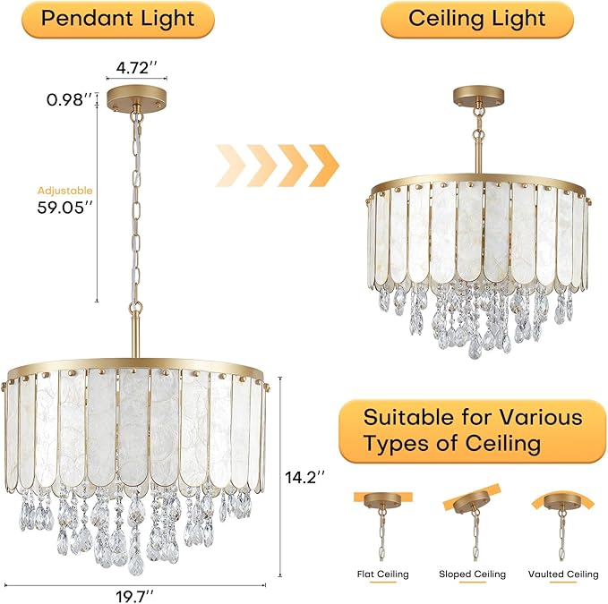 Gold Modern Capiz Shell Ceiling Light Fixture, 5-Light Drum Coastal Pendant Light with Crystals for Kitchen Island, Dining Room, Bedroom, Living Room, Bathroom, Foyer | 2-Tiered Flush Mount Chandelier