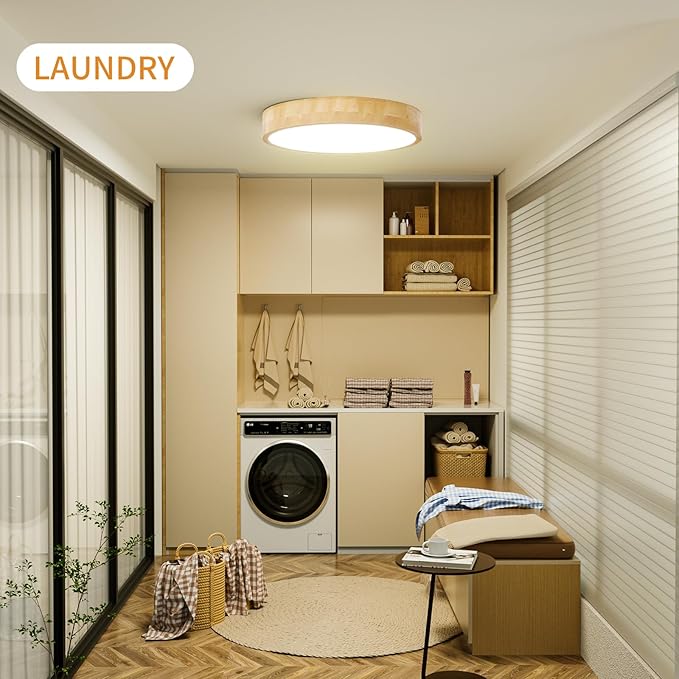Led Ceiling Light Flush Mount: 12 Inch 24W Wood Bedroom Light Fixture with Round Modern Flat Overhead Minimalist Ceiling Lamps for Kitchen Hallway Laundry Natural White 4500K, Not Dimmable Set of 2