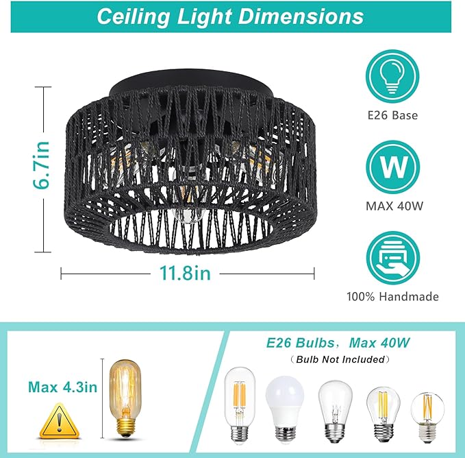 Rattan Light Fixtures, 3-Light Boho Flush Mount, Farmhouse Ceiling Light with Hand-Woven Shade, Modern Chandelier for Living, Bedroom, Entryway, Kitchen, Nursery