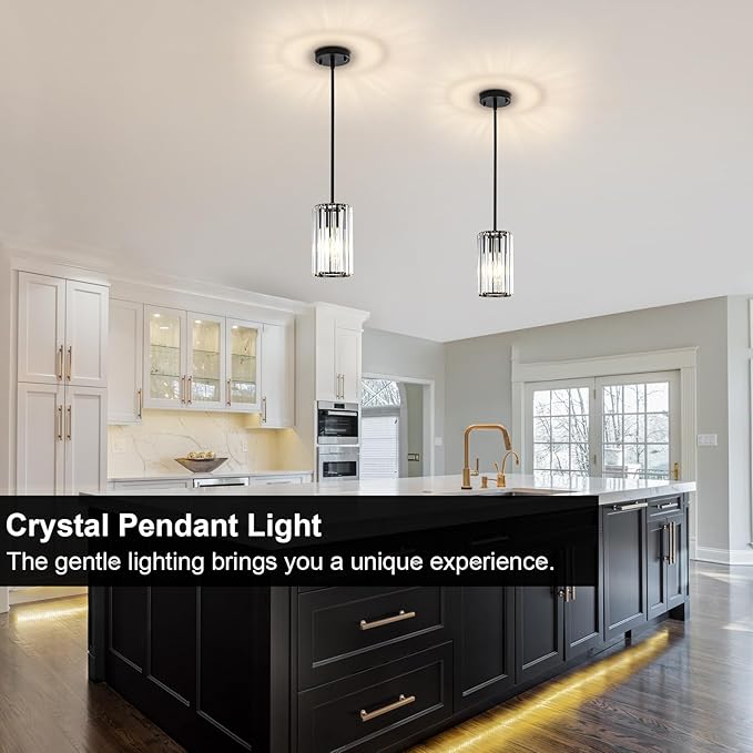 Modern Crystal Pendant Lights, Hanging Light Fixtures Mini Kitchen Island Pendant Lights Adjustable Crystal Chandelier Fixture for Island Dining Room Hallway Bedroom, Black 2-Pack