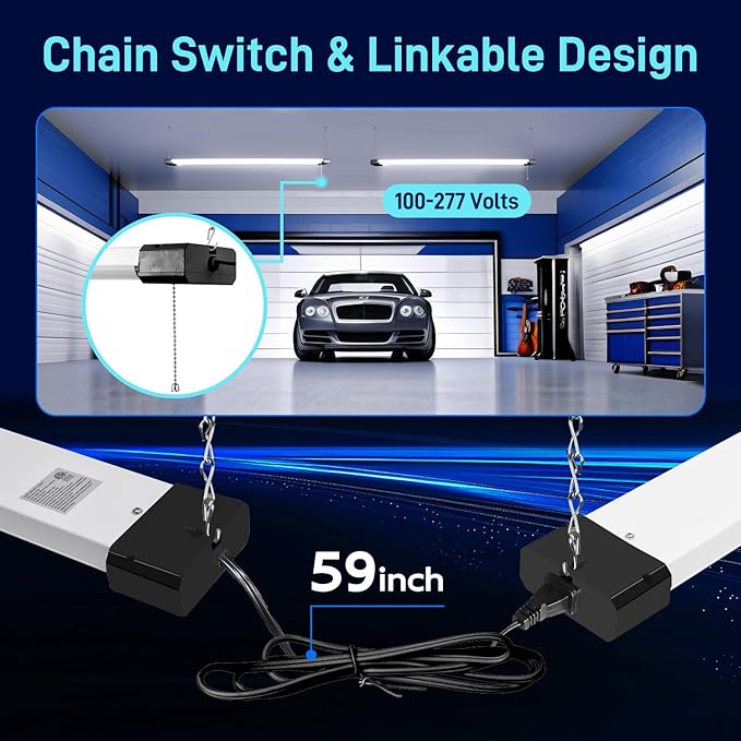 hykolity 1 Pack 4FT LED Shop Light, Linkable Utility Shop Lights, 42W, 5000K Daylight White Shop Light for Garages, Workshops,Hanging or FlushMount, Power Cord with Pull Chain Switch, Balck, ETL