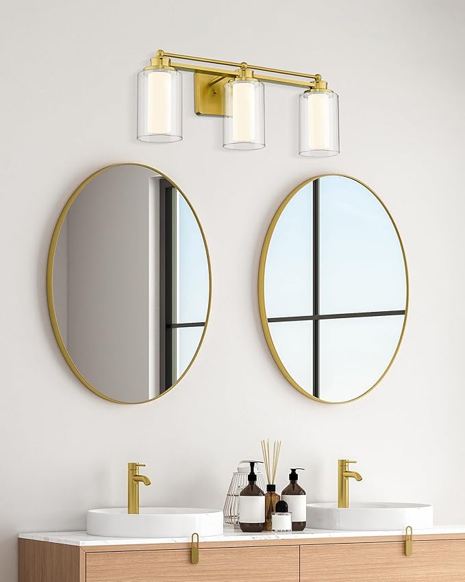 3-Light Bathroom Vanity Light, HWH Brushed Gold Bathroom Light Fixtures Antique Brass Vanity Light with Clear Glass,18W Dimmable LED Vanity Lights 5CCT, 5HLT63B-3W-LED BG