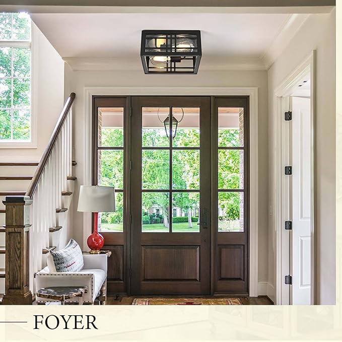 Square Ceiling Light Fixture Flush Mount Ceiling Light Black 2-Light with Seeded Glass, Industrial Ceiling Light Fixture for Kitchen Hallway Porch