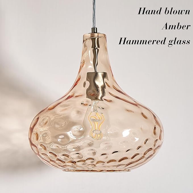 CATINER 11" Amber Hammered Glass Pendant Light, Blown Glass Hanging Light Fixture with Brushed Nickel Finish, Vintage Modern Ceiling Light for Kitchen Island, Dining Room, Hallway, Living Room