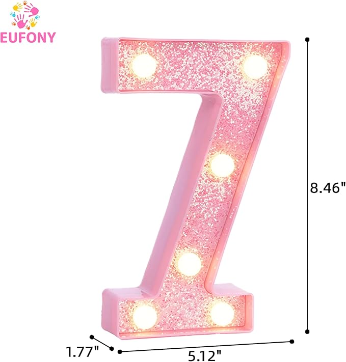 Pink Light Up Marquee Numbers, Glitter LED Number Lights Signs Battery Operated for Girls 7th 17th 27th Pink Birthday Party Table Decorations, 8 Inch Tall Number 7 with Warm White Lights