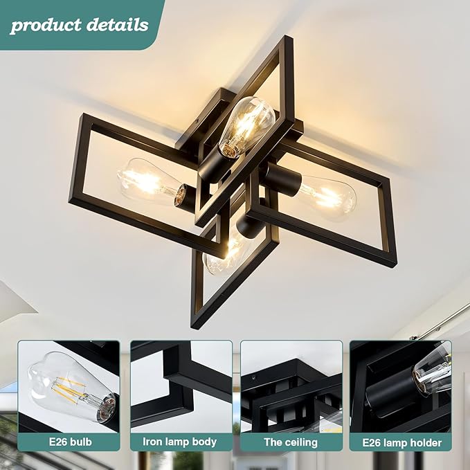 ZGLAOJT 4-Light Flush Mount Ceiling Light Black Industrial Kitchen Light Fixtures Modern Matte Sputnik Chandelier for Dining Room Bedroom Farmhouse Living Room.