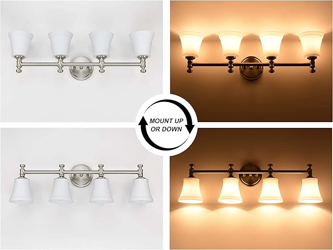 Bathroom Vanity Light Fixtures, Traditional Brushed Nickel 4 Lights Wall Sconce Lighting with Opal Glass Shade, Porch Wall Mount Light Fixture for Bathroom, Mirror Cabinets Hallway Stairs