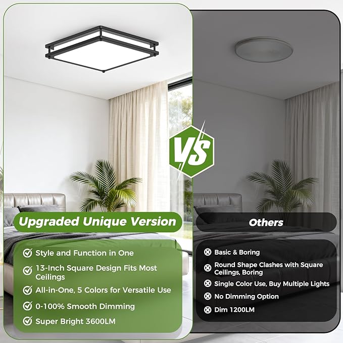 13 Inch 36W Flush Mount LED Ceiling Light Fixtures (450W Equiv), 3200LM Black Square Dimmable Ceiling Light, 2700K/3000K/4000K/5000K/6500K Adjustable Modern LED Lights for Bedroom Kitchen Bathroom