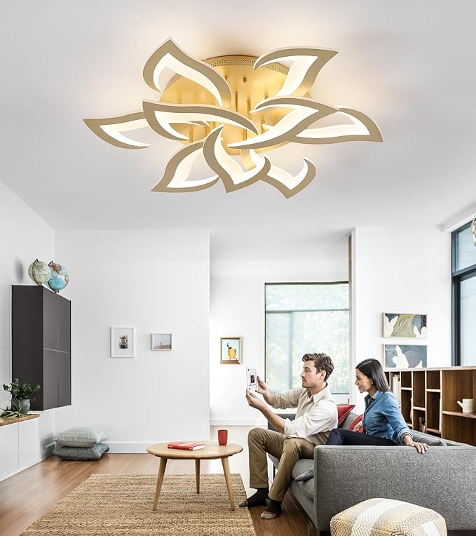 MEIXISUE LED Ceiling Light Gold Dimmable Close to Ceiling Lamp with Remote Control for Living Room,Bedroom,Kitchen,W31.5