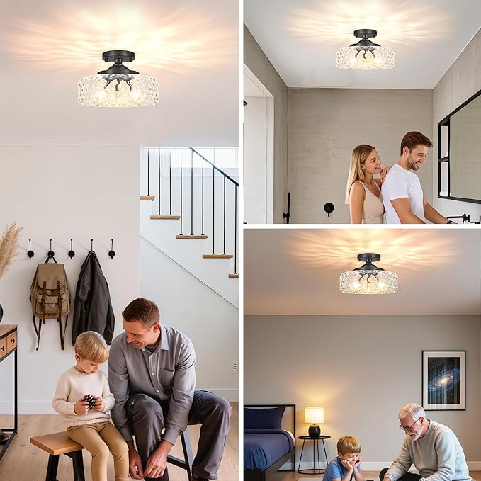 Black Semi Flush Mount Ceiling Light, 3-Light Ceiling Light with Hammered Glass, Vintage Hallway Lights, Closet Light Fixture, Kitchen Flush Ceiling Mount for Entryway Bedroom Bathroom,E12