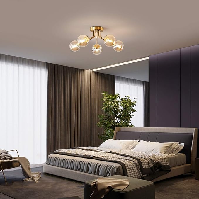 Modern Sputnik Chandeliers 5 Light Gold Semi Flush Mount Ceiling Light Fixture Pendant Lamps Bulb with Glass Globe Lighting for Bedroom Kitchen Living Dining Room Office