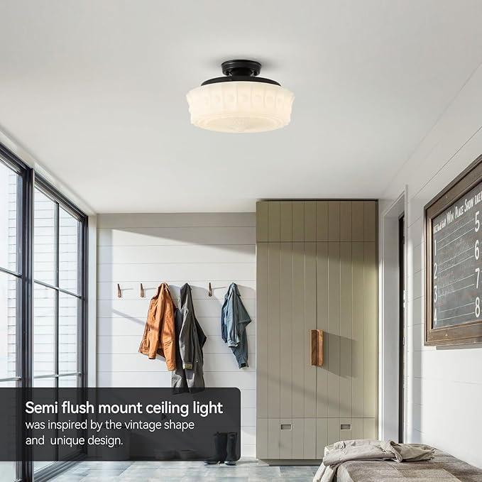 youngrender Schoolhouse Light Fixture Modern Black Flush Mount Ceiling Lighting 14" Milk White Glass Shade Vintage Ceiling Light for Farmhouse Kitchen Hallway Entryway