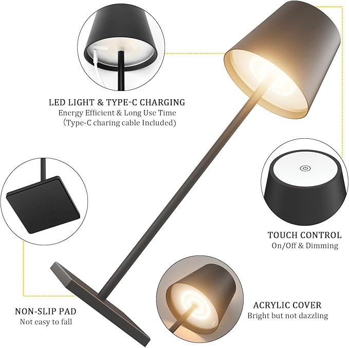 2-Pack LED Cordless Table Lamp, Rechargeable Battery Desk lamp 3W 5500mAh Battery Operated Stepless Dimming Modern Portable Table Light for Restaurant/Dinner/Bedroom/Outdoor IP54 Waterproof (Black)
