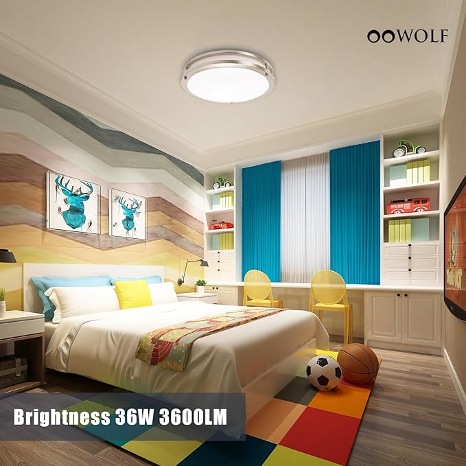 OOWOLF 36W Flush Mount Ceiling Light Fixture, Dimmable & 5CCT Ceiling Light, 3000K 3500K 4000K 5000K 6000K Warm White/Daylight/Cold White Adjustable Ceiling Lamps Brushed Nickel, 12Inch