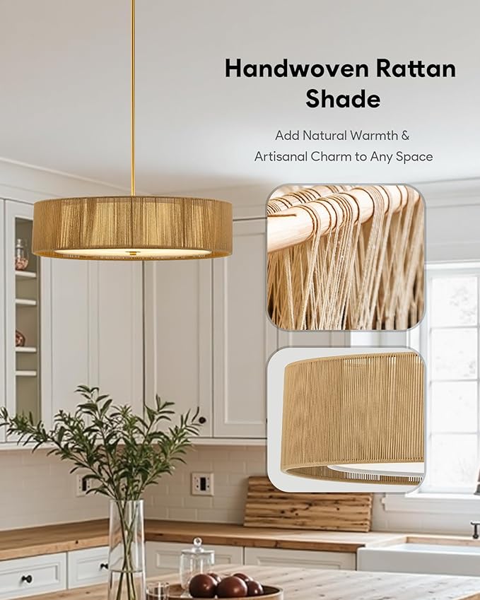 VONLUCE Boho Chandelier, 20.1" 4-Light Drum Chandelier with 2-Tier Rattan & Linen Lampshade, Rattan Ceiling Light for Dining Room Bedroom Living Room with E26 Sockets, Gold Finish, ETL Certified