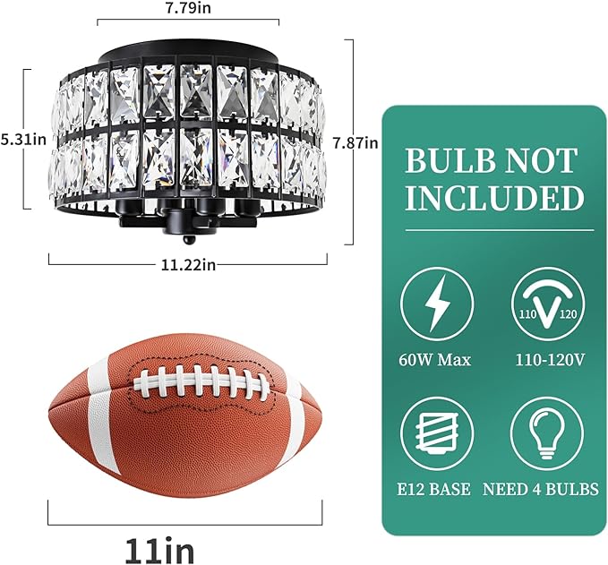 Black Crystal Flush Mount Ceiling Light, 4 Lights Black Dining Room Light Fixtures with E12 Base, Modern Close to Ceiling Light Fixture for Bathroom, Hallway, Kitchen, Bedroom, Entryway