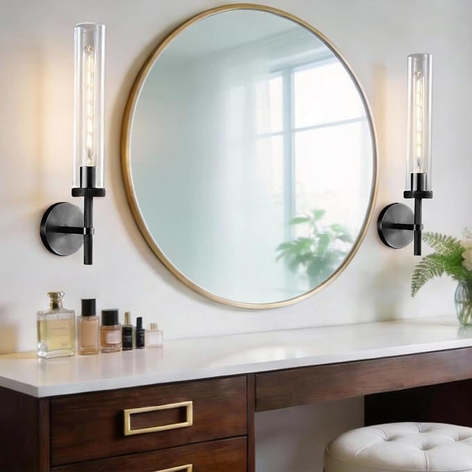 Bathroom Sconces Set of 2, 19.5" Black Cylinder Wall Sconces, Vanity Lights for Bathroom Mirror with E26 Bulbs Included
