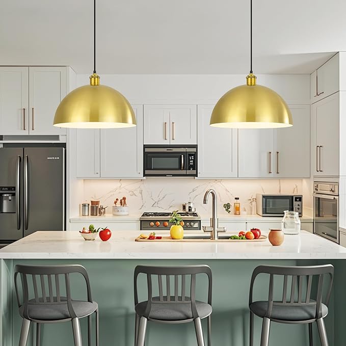 Gold Pendant Light, 12" Farmhouse Ceiling Light with Gold and White, Elegant Semi-Circular Shade Design, Adjustable Height Industrial Dome Pendant Lights for Kitchen Island, Dining Room