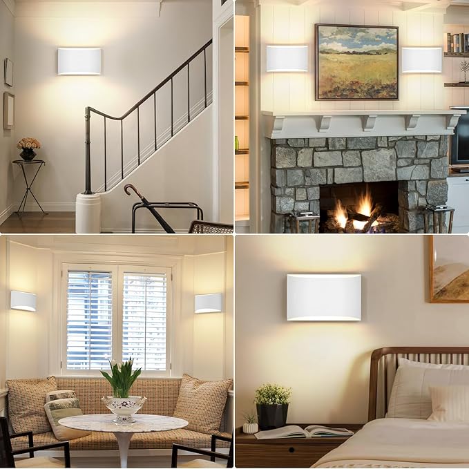 FOLKSMATE Modern LED Wall Sconces Set of 2, 3000K Warm White Up and Down Mount Light, White Large Interior Wall Lights Hardwired Lamp for Indoor Living Room Bedroom Hallway Basement Stairway