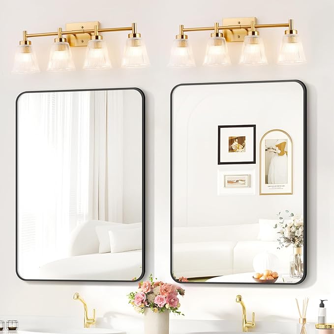 OCIOC 4-Light Bathroom Vanity Light, Burshed Gold Bathroom Light With Stripe Glass Shade, Makeup Light over Mirror, Wall Mounted Sconces for Living room, Kitchen, Hallway
