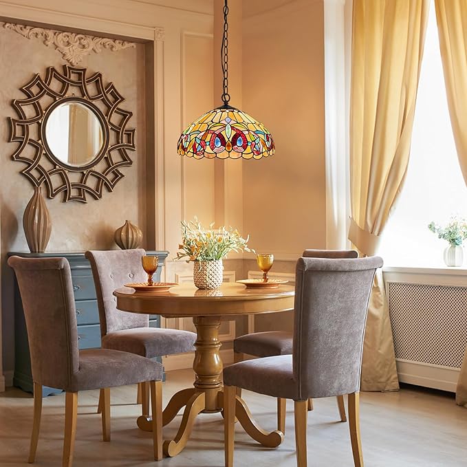 Capulina Tiffany Lamp Stained Glass Pendant Light 2-Light 16" Wide Cream Brown Tiffany Style Hanging Lamp for Kitchen Island Dining Room Hallway Foyer(Adjustable Height)