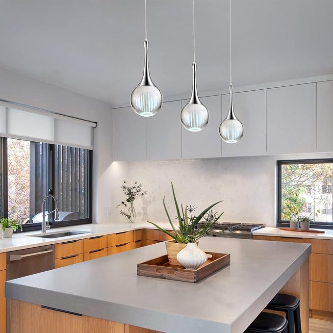 CHYING Modern LED Crystal Pendant Light Chrome Teardrop Kitchen Island Lights Fixture 6000k Cool White Globe Ceiling Hanging Lighting for Living Room Dining Room Bedroom Bathroom