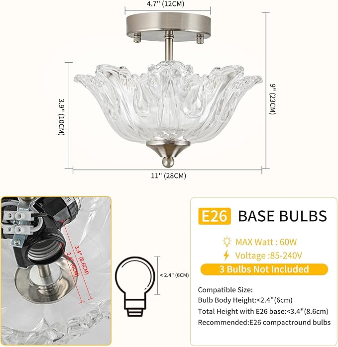 Semi Flush Mount Ceiling Light, Brushed Nickel Light fixtures with Floral Clear Glass Shade, Modern Close-to-Ceiling Lighting for Bedroom Kitchen Living Room Hallway
