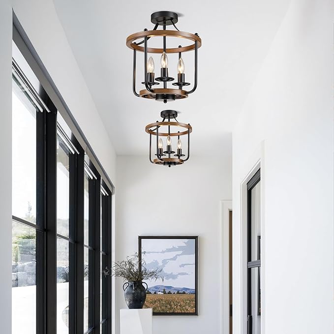 Farmhouse Semi Flush Mount Ceiling Light Fixtures, Industrial Rustic Ceiling Lamp Metal Cage Hallway Light Fixtures(3-Light Wood Finish)