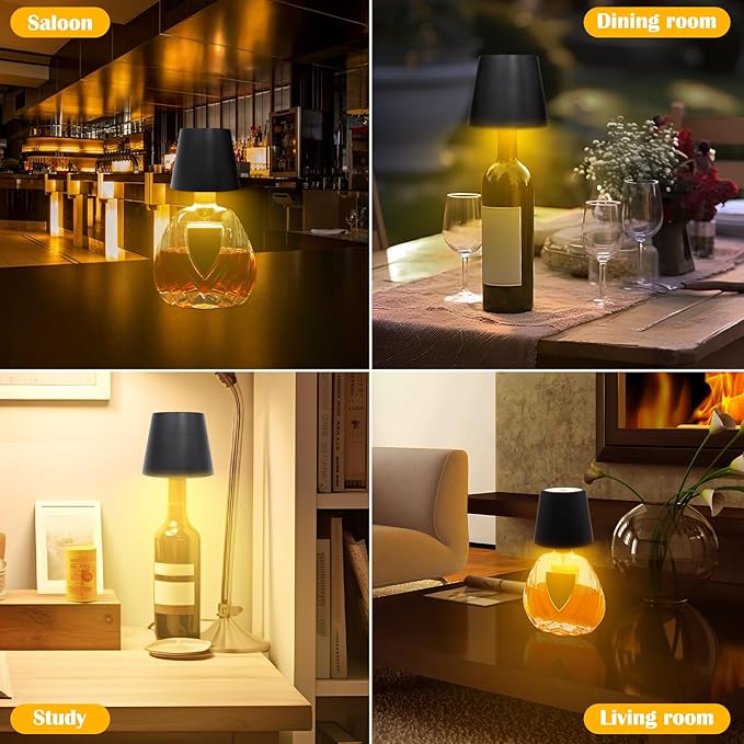 2PCS Wireless Bottle Lamp,Metal Wine Bottle Light with 3 Color Light Dimming, Waterproof Bottle Touch Lamp Head for Room, Bar, Restaurants, Party, Decor & Gifts (Black)