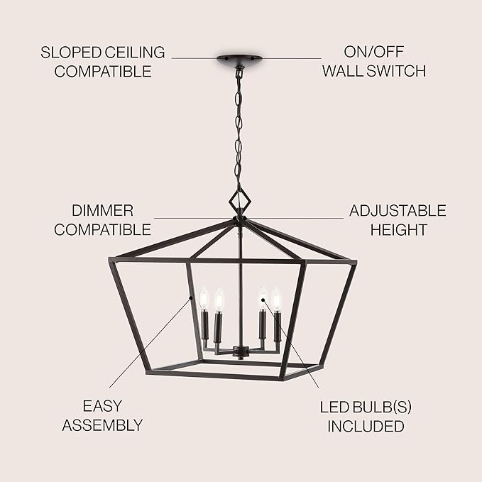 JONATHAN Y 23" Oil Rubbed Bronze 4-Light Rustic Glam Adjustable Iron LED Pendant, Open Cage Lantern Hanging Light for Dining Room, Kitchen Island, Foyer, Farmhouse French Country (JYL7520B)