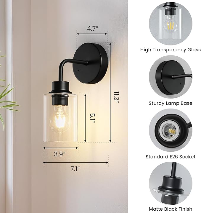 Epinl Battery Operated Wall Sconce Set of 2, Wireless Dimmable & Rechargeable Wall Lights with Timer Remote, 5000mAh Cordless Sconces for Bedroom Living Room Hallway Corridor, Black