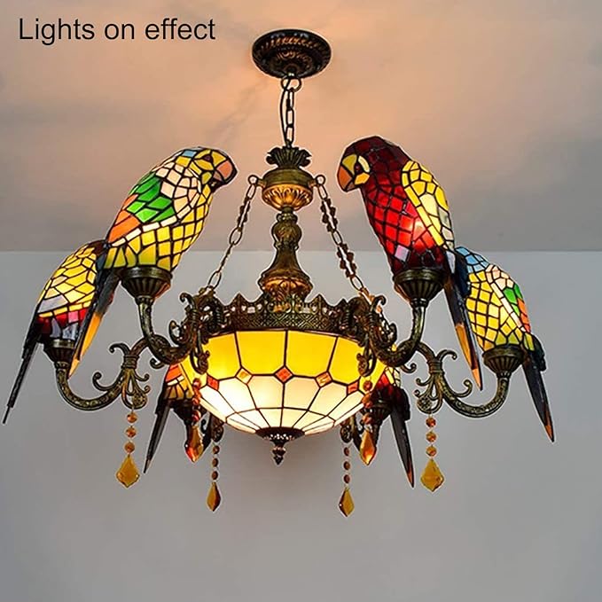 Tiffany-Style Victorian 6-Light Parrot Chandelier, European Red Dragonfly Stained Glass Multi-Head Pendant Lamp Fixture Ceiling Hang Light for Living Room Villa Dining Room,Parrot