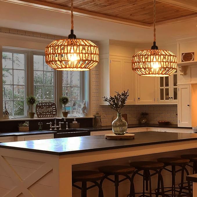 Plug in Pendant Light Rattan Hanging Lamp with Switch,Mini Rattan Boho Semi Flush Mount Ceiling Light,Hand Woven Hallway Light Fixtures for Bedroom Entryway Kitchen