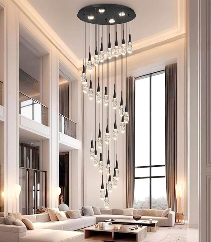 28-Lights 177 Inches Modern Chandelier LED Light Fixtures High Ceiling Long Light Chandelier for Entrance Foyer Dimmable Lights with Remote Living Room Ceiling Pendant Lighting Drop Lights Black