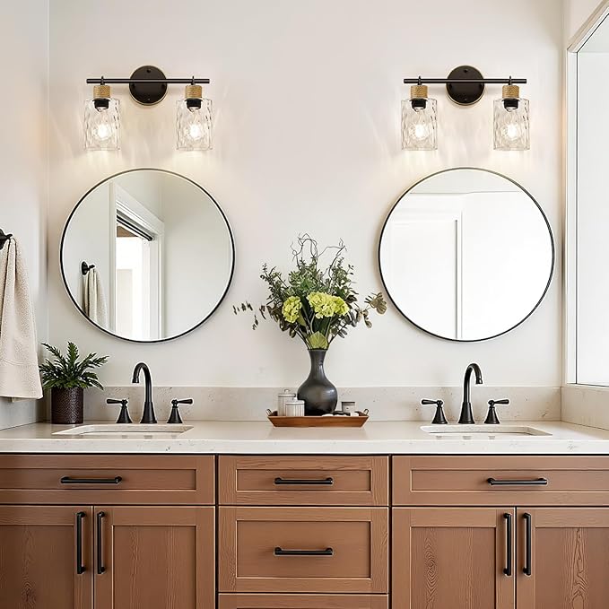 MOKATNG Bathroom Light Fixtures, 2-Light Coastal Vanity Lights with Crystal Glass Shade, Brown and Gold Bathroom Wall Lamp for Mirror Kitchen Hallway Cabinet