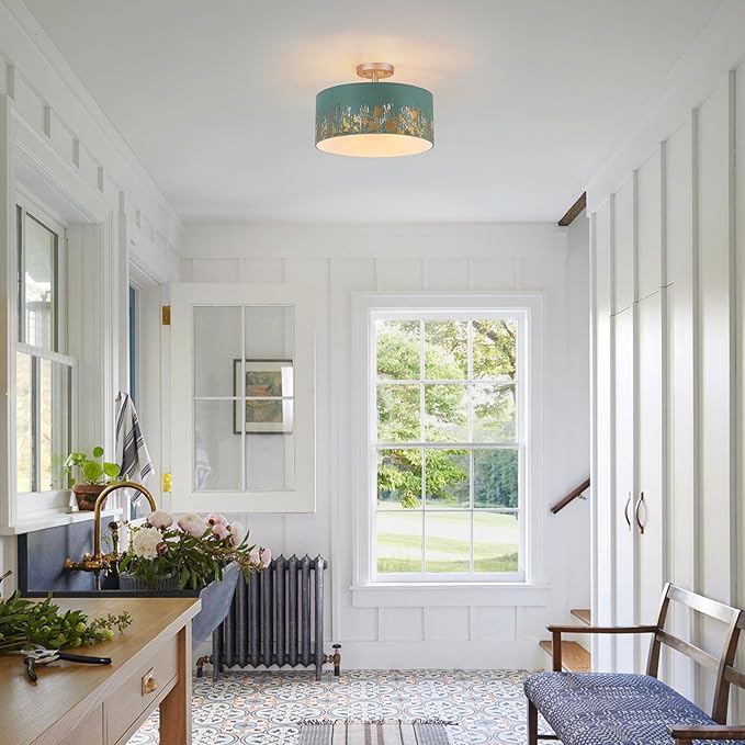 14.96" Modern Vintage Semi Flush Mount Ceiling Light,3-Light Blue Ceiling Light Fixture with Hand-Brushed Gold Finish,Dimmable Hallway Light Fixtures for Bedroom,Kitchen,Entryway,Foyer
