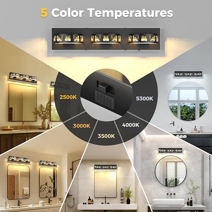 Modern Bathroom Vanity Lights 21.6inch 24W 5 Color Temperature Black Vanity Light (3-Light,Dimmable) Crystal Bathroom Light Fixtures for Bathroom Mirror Restroom