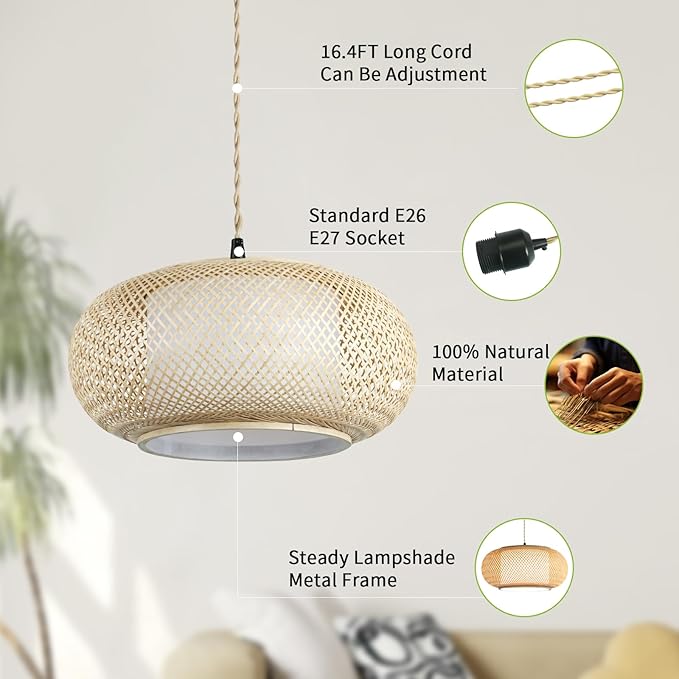 Plug in Bamboo Pendant Light, Boho Style Lamp, 16.7ft Plug in chandelier Wire with a Switch. Japanese Wabi-Sabi Style Circular Lampshade Lighting, Dining Rooms, Bedrooms, Storage Rooms and Kitchens.