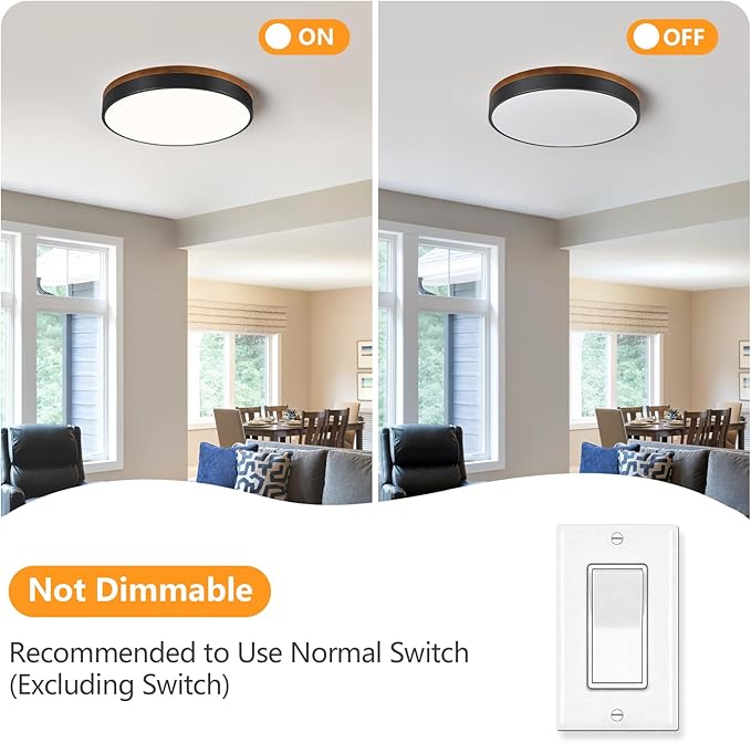 Modern Walnut Wood Black Flush Mount Ceiling Light, 15.75" Round LED Low Profile Close to Ceiling Fixture for Kitchen Bedroom Bathroom Laundry Hallway Entryway Closet Living Room