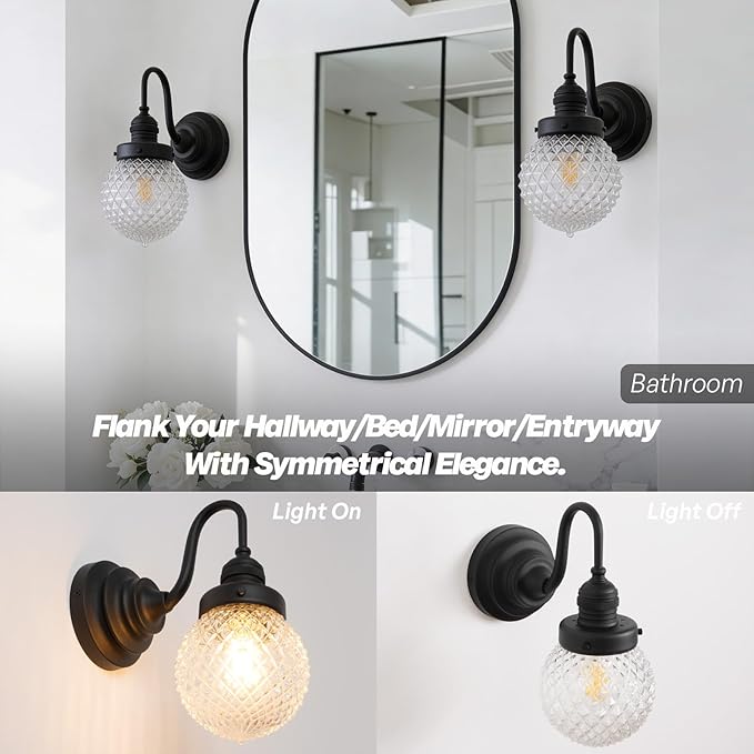 Vintage Farmhouse Wall Sconce Black Bathroom Sconces with Round Pineapple Pattern Clear Glass Shade Hardwire Wall Mounted Lamp for Bathroom Living Room Bedroom Kitchen E26 Indoor