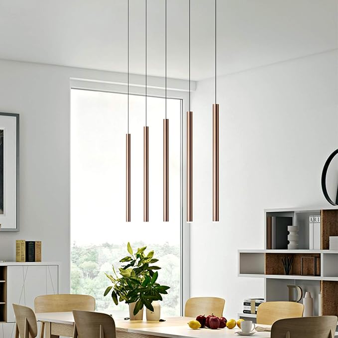 CANALIS 5 Mini Pendant Lighting Copper - LED Hanging Light Fixture for Kitchen Island, Bar, Foyer - Cluster Pendants - Dimmable, Adjustable Wire, Lamp Bulb Included
