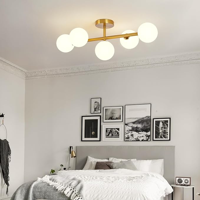 Globe Milk Glass Ceiling Light: Gold 5 Lights Semi Flush Mount Ceiling Light - Linear Century Modern Lighting Fixture - 27 Inch Brass Glass Lights with Sphere Shade for Bedroom Living Room Hallway
