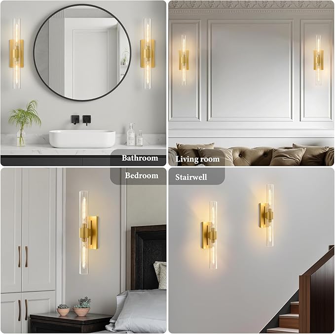 Champagne Brass Bathroom Wall Sconce - Modern Gold Light Sconces - Dimmable Lighting Fixtures - Vertical or Horizontal Mounted Clear Glass Tube Vanity Lights for Indoor Living Room Hallway