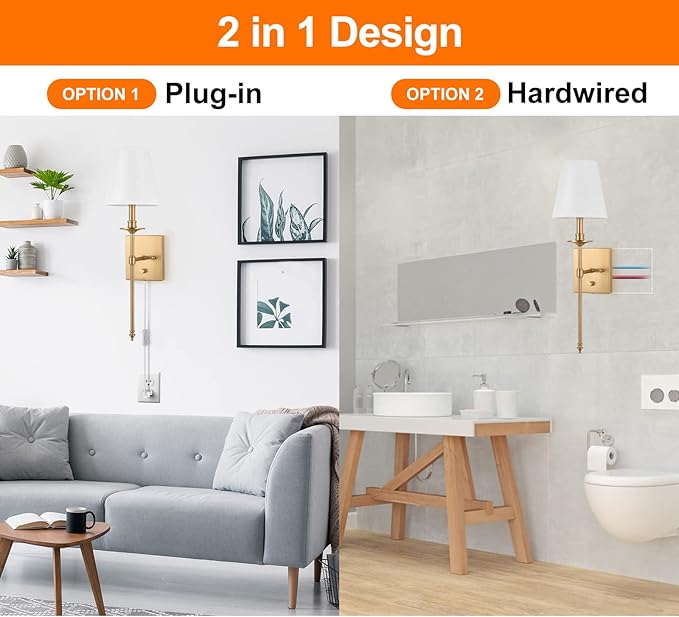 Dimmable Wall Sconces Set of Two, Plug in Wall Sconces White Fabric Shade, Wall Lamp for Bedroom, Living room, Plug in Wall Light Sconces Wall Decor Set of 2, LED Bulbs Included, Antique Brass