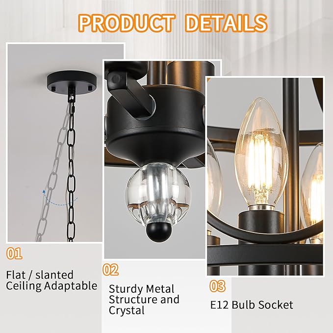 4-Light Chandelier,Round 11.2in,E12 Base - Black Metal Farmhouse Lantern Pendant Light Fixture,Adjustable Hanging Ceiling Lighting,for Kitchen Island,Bedroom,Entryway,Dining Room