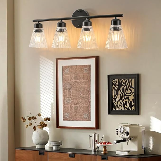 4-Light Bathroom Vanity Light, Matte Black Bathroom Light Fixtures Over Mirror with Stripe Glass, Modern Wall Lamp, Black Wall Sconces for Living Room Bedroom Kitchen Hallway